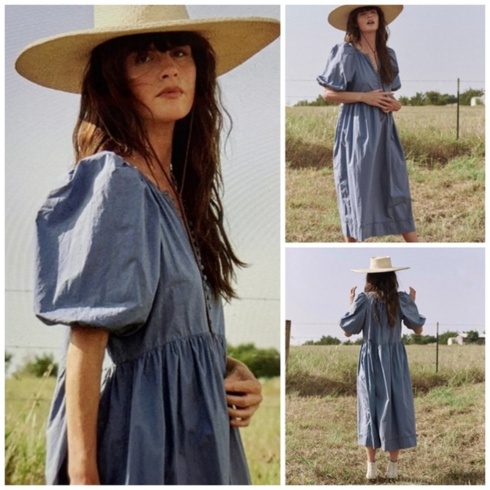 THE GREAT. Ravine Blue Cotton Puff Sleeve Maxi XS (size O)